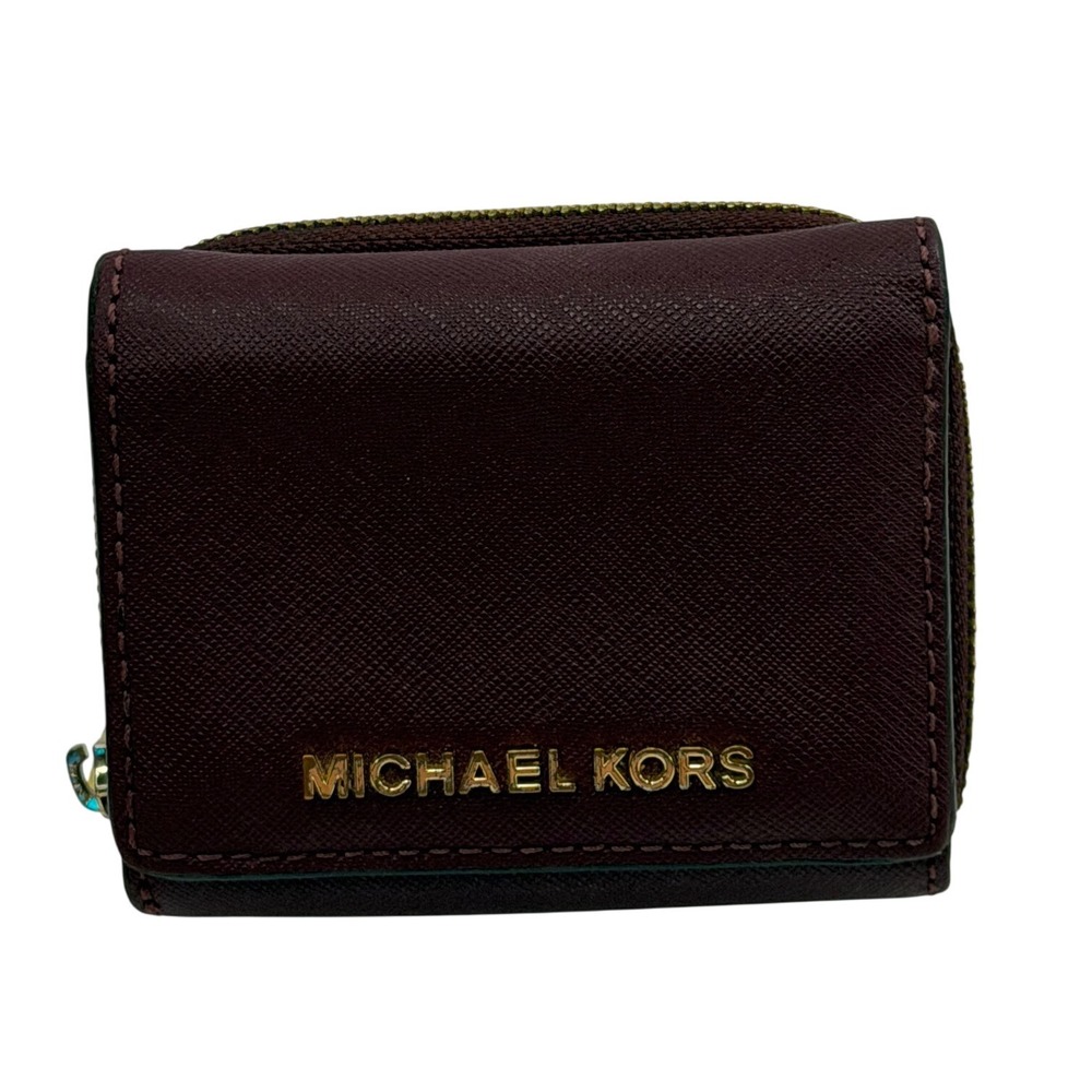 Michael Kors Jet Set Small Trifold Wallet Burgundy‎ Saffiano Leather Gold Y2K